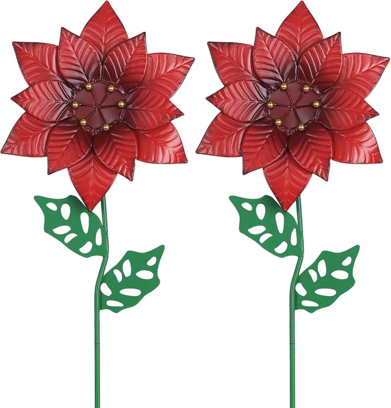 YEAHOME Outdoor Christmas Decorations, Set of 2 Poinsettia Flower Decorative Garden Stakes for Christmas Decor, Metal Red Flowers Xmas Decorations for Outside Garden Yard Lawn Porch - Image 1